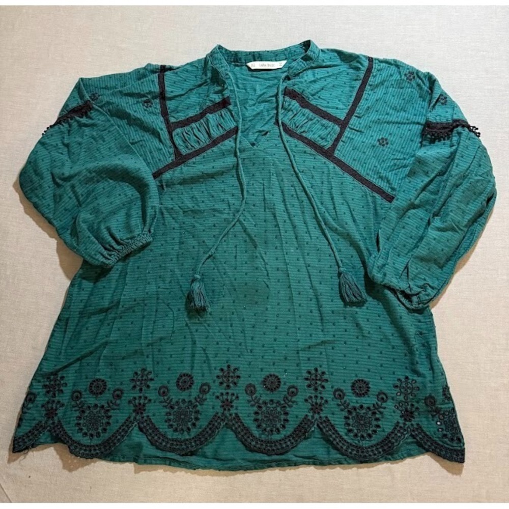 Zara Basic Shirt Women Small Green 3/4 Sleeve Tassel Pullover Top‎ Ladies.